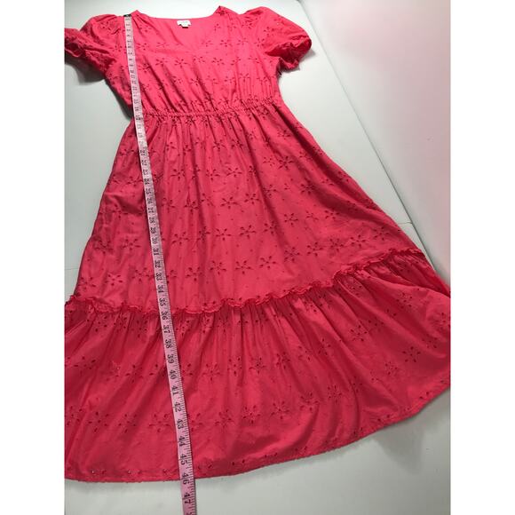 J. Crew Midi Dress Women's 8 Pink V Neck Puff Sleeve Eyelet Tiered Feminine - Picture 13 of 13
